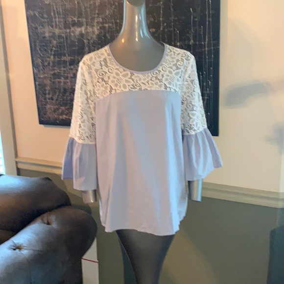 Andrew Marc New York Lace Shoulder Bell Sleeve Top - Picture 1 of 9